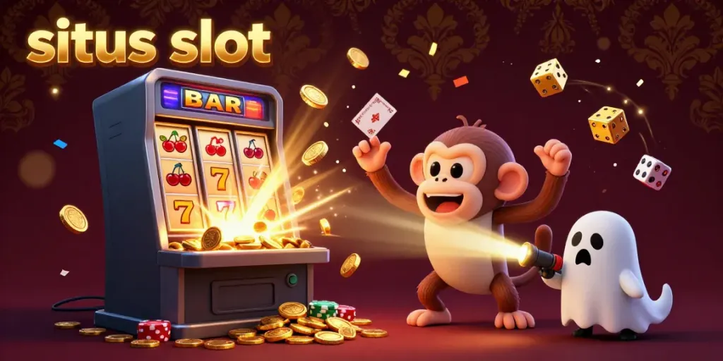 Experience thrilling action at situs slot with a ghost-hunter puppy tracking a mischievous monkey in a vibrant casino scene.