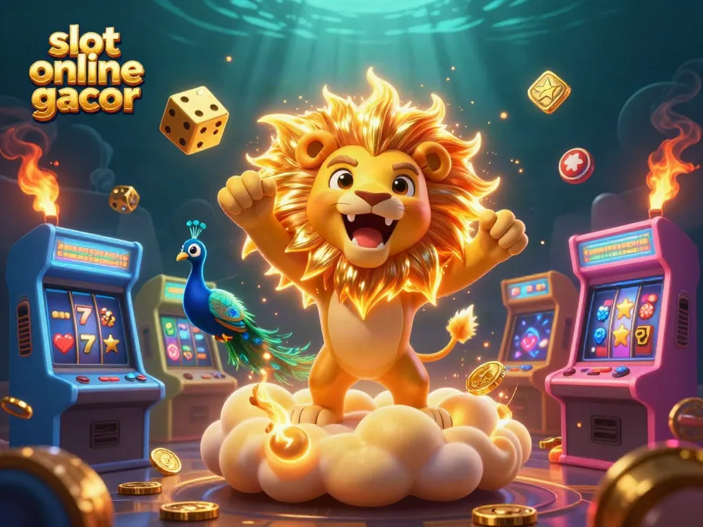 Experience the thrill of slot online gacor with vibrant symbols, golden mane lion, and dynamic casino elements.
