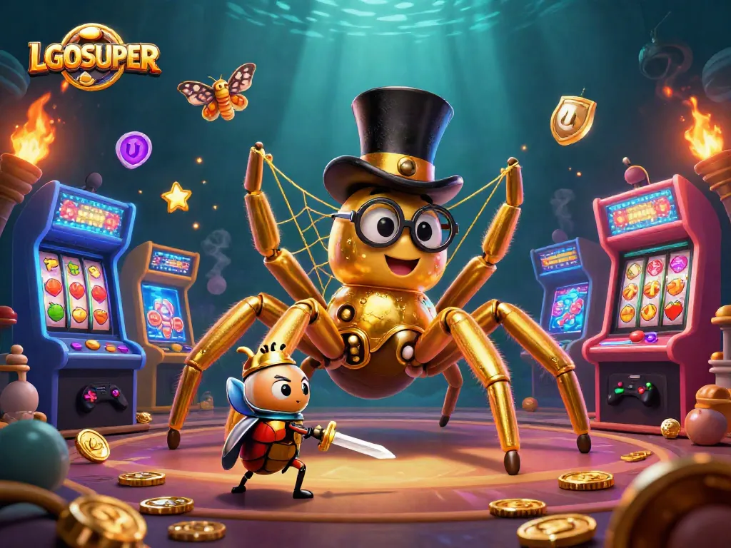 Experience LGOSUPER’s thrilling casino adventure with vibrant 3D tarantula and gaming elements.