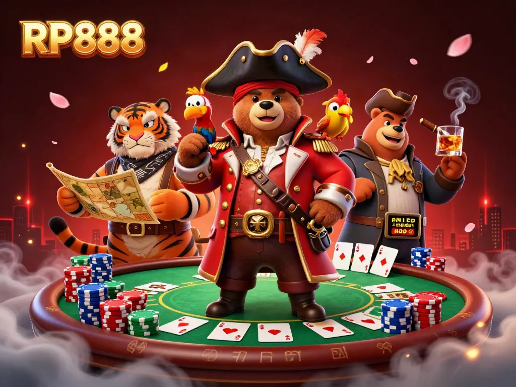 Engage in winning at RP888 with a cartoon pirate captain bear and his fierce companions amidst vibrant poker action.