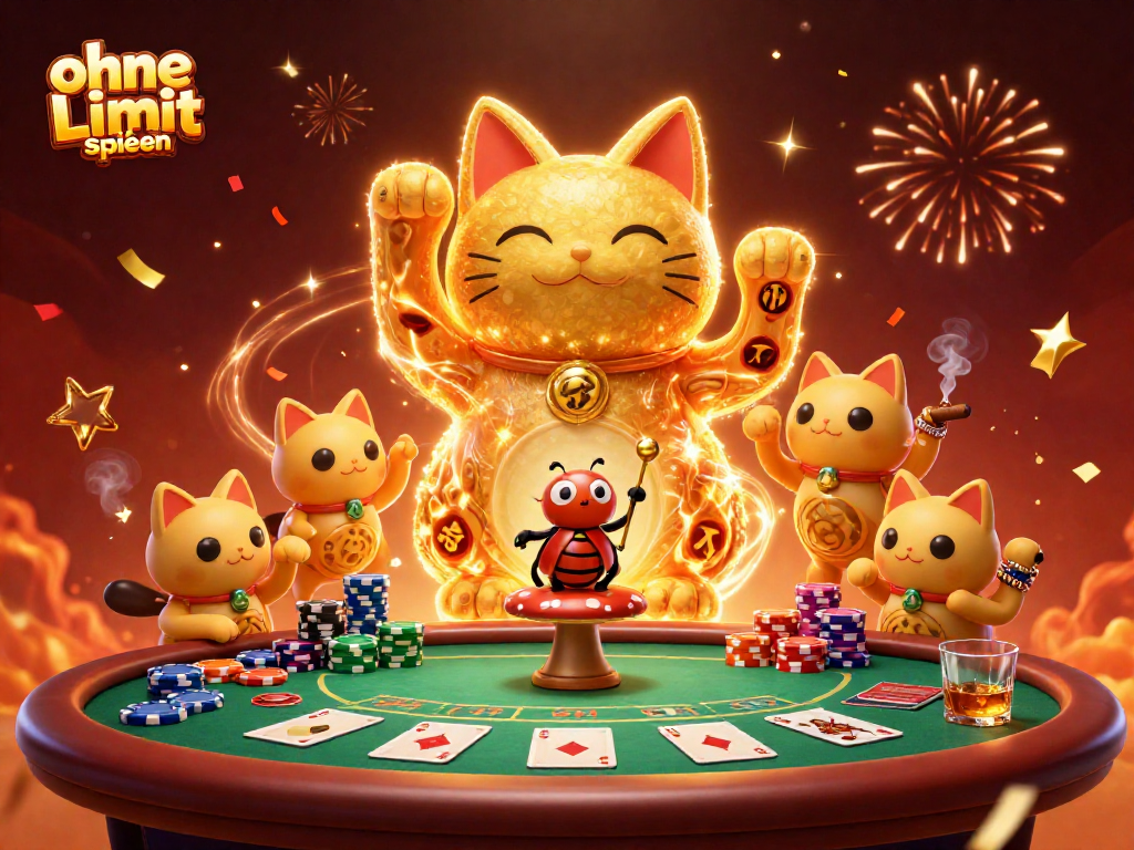 Engage in ohne Limit spielen at a vibrant casino scene with a lucky cat and poker elements.