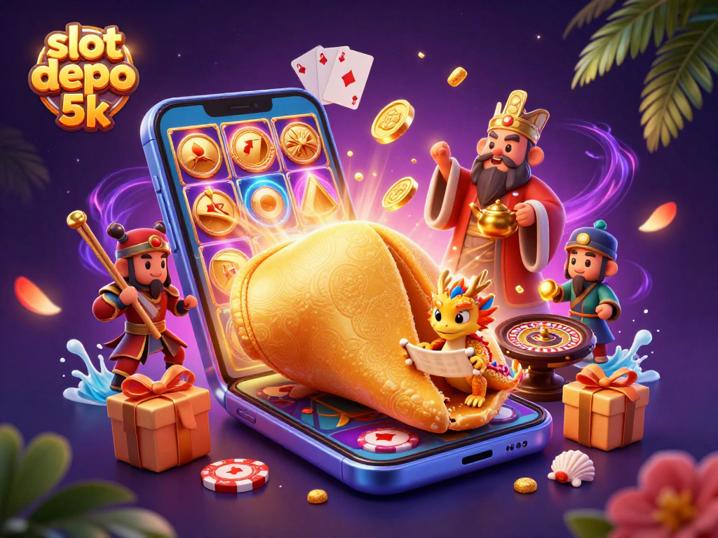 Engage with slot depo 5k's thrilling adventures through a colorful, dynamic 3D casino illustration packed with action.