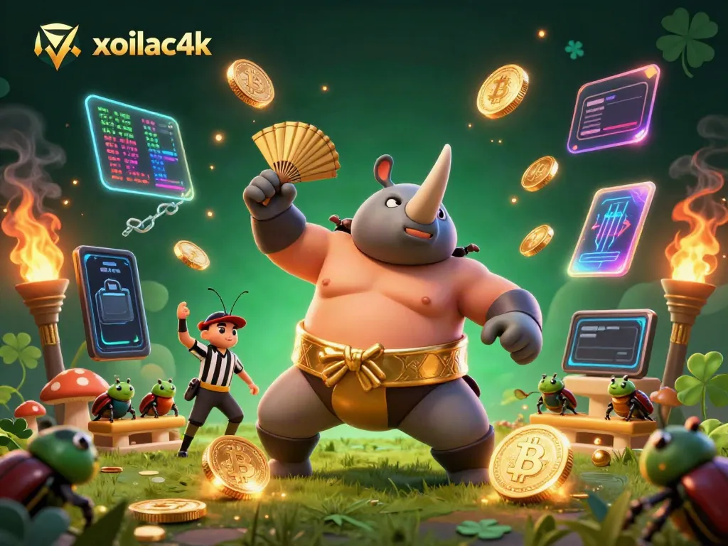 Experience the excitement of xoilac4k with a dynamic scene featuring a rhinoceros beetle champion and golden coins