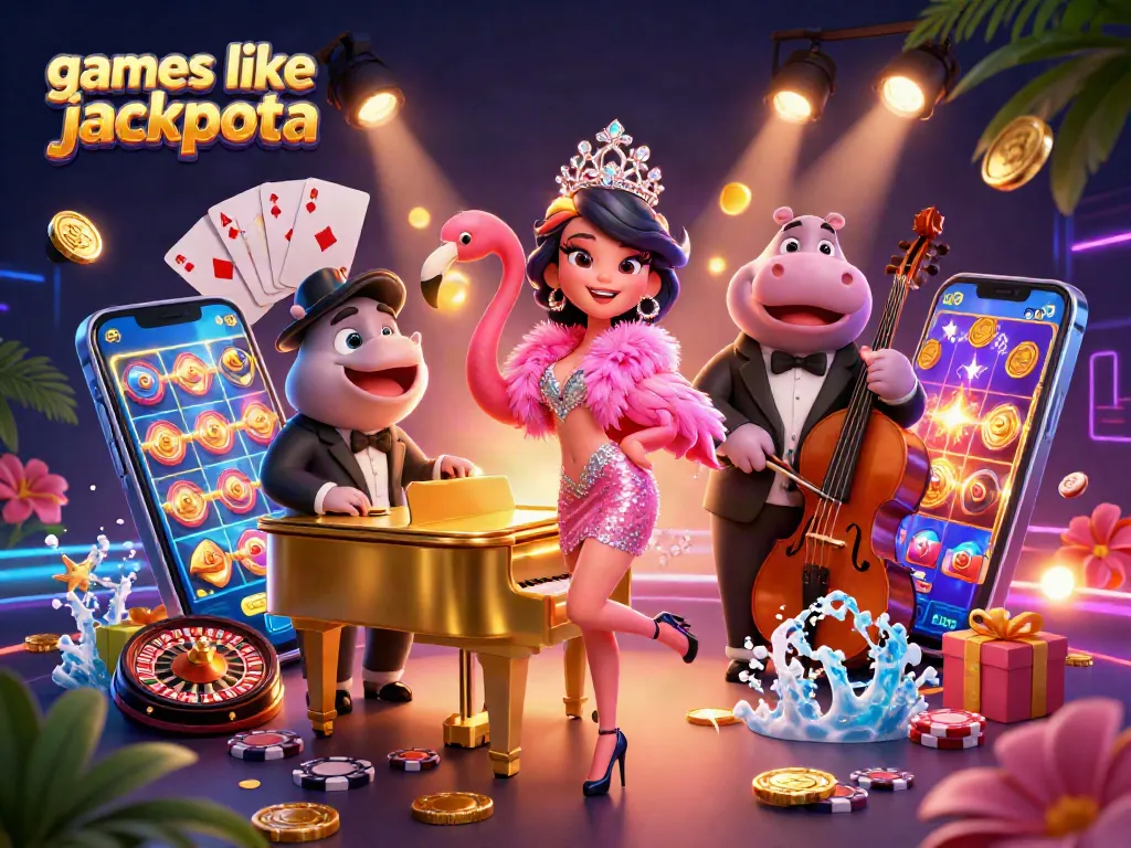 Experience fun with games like jackpota in a vibrant casino-themed 3D illustration filled with characters and gaming elements.