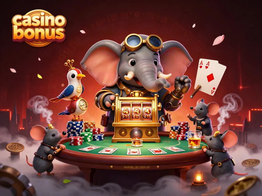 Engage with the captivating casino bonus scene featuring a mechanical elephant and dynamic game elements.