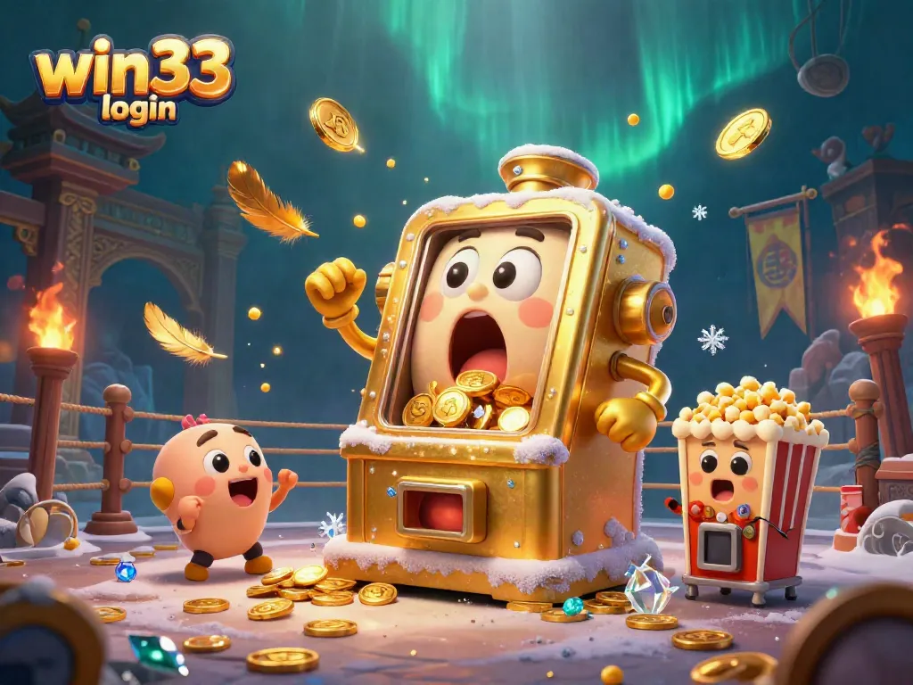 Witness the excitement of win33 login as golden slot machines celebrate a jackpot amidst swirling coins and colorful effects.