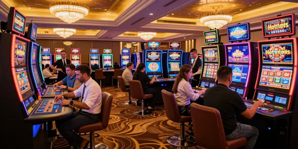 Hotslots Casino Spieler genießen aufregende Spielautomaten und Tischspiele in einem eleganten Ambiente.