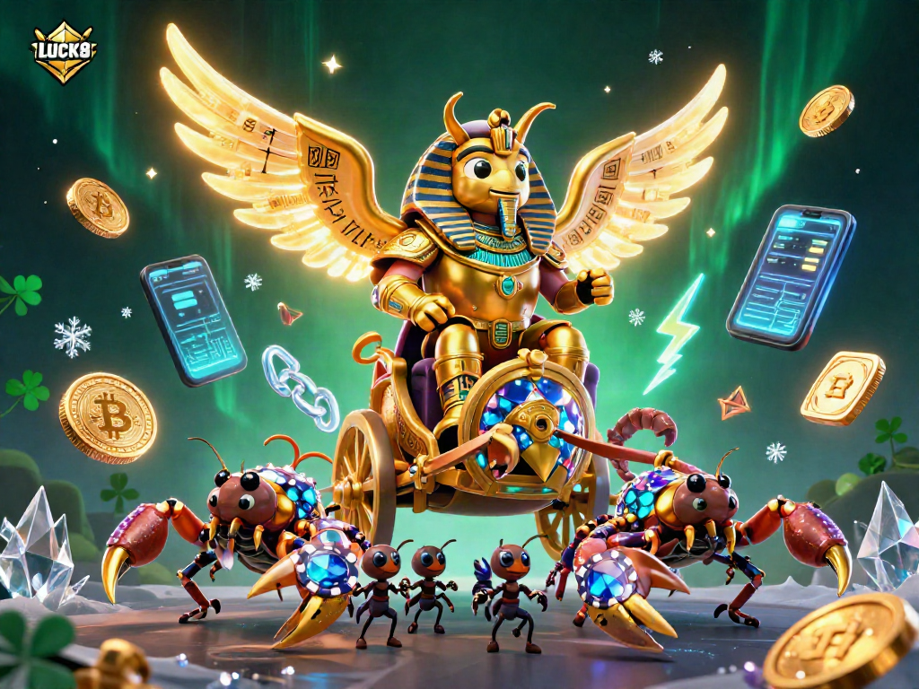 LUCK8 mang lại may mắn với hình ảnh bọ hung vàng khổng lồ trong trang phục pharaoh cùng các quân bài poker.