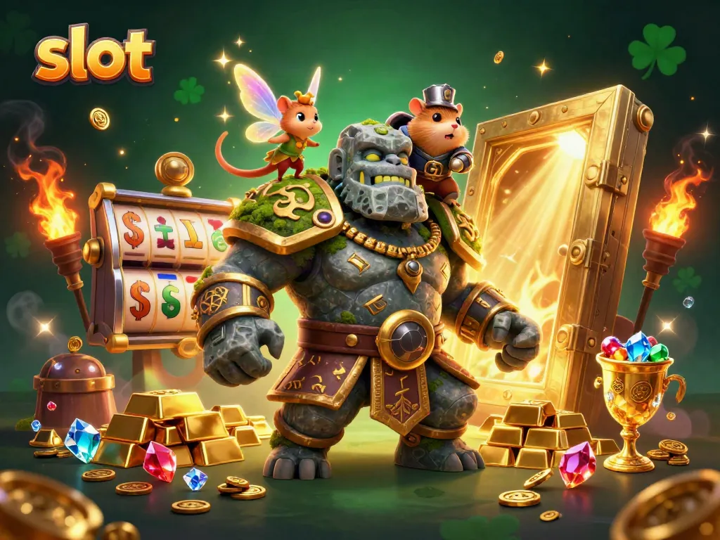 Engage with enchanting slot adventures featuring a golem guardian, fairy, and brave knight.