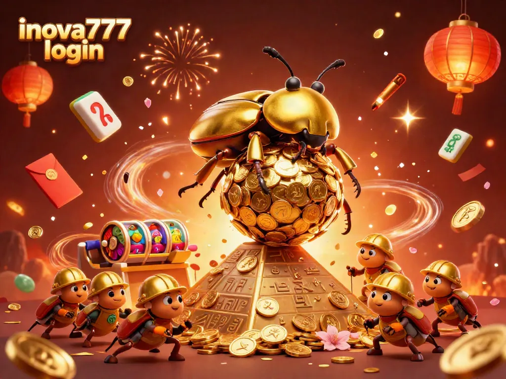 Experience the excitement of inova777 login with a golden dung beetle rolling coins, surrounded by vibrant casino symbols.
