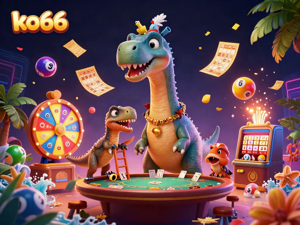 Engage with ko66's lively casino world, featuring whimsical dinosaur characters amidst vibrant gaming elements.