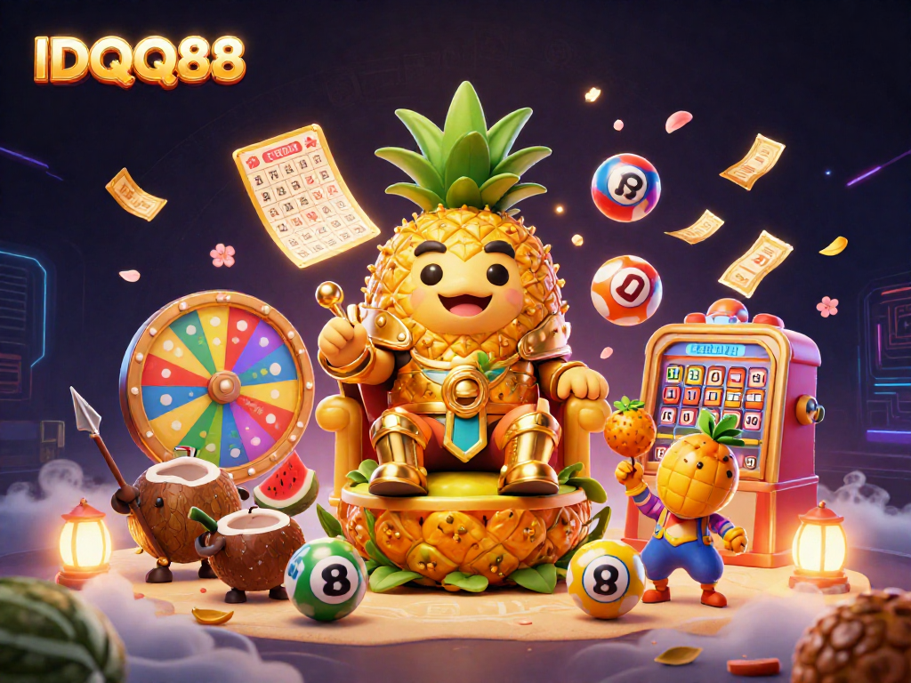 IDQQ88 invites excitement at a vibrant beach casino featuring the golden pineapple king and lottery action.