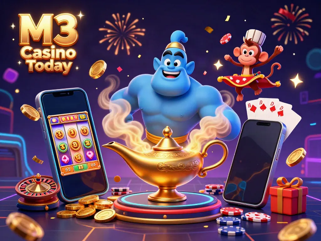 Join the excitement at M3 Casino Today with this vibrant 3D illustration of a genie, monkey, and magical elements.