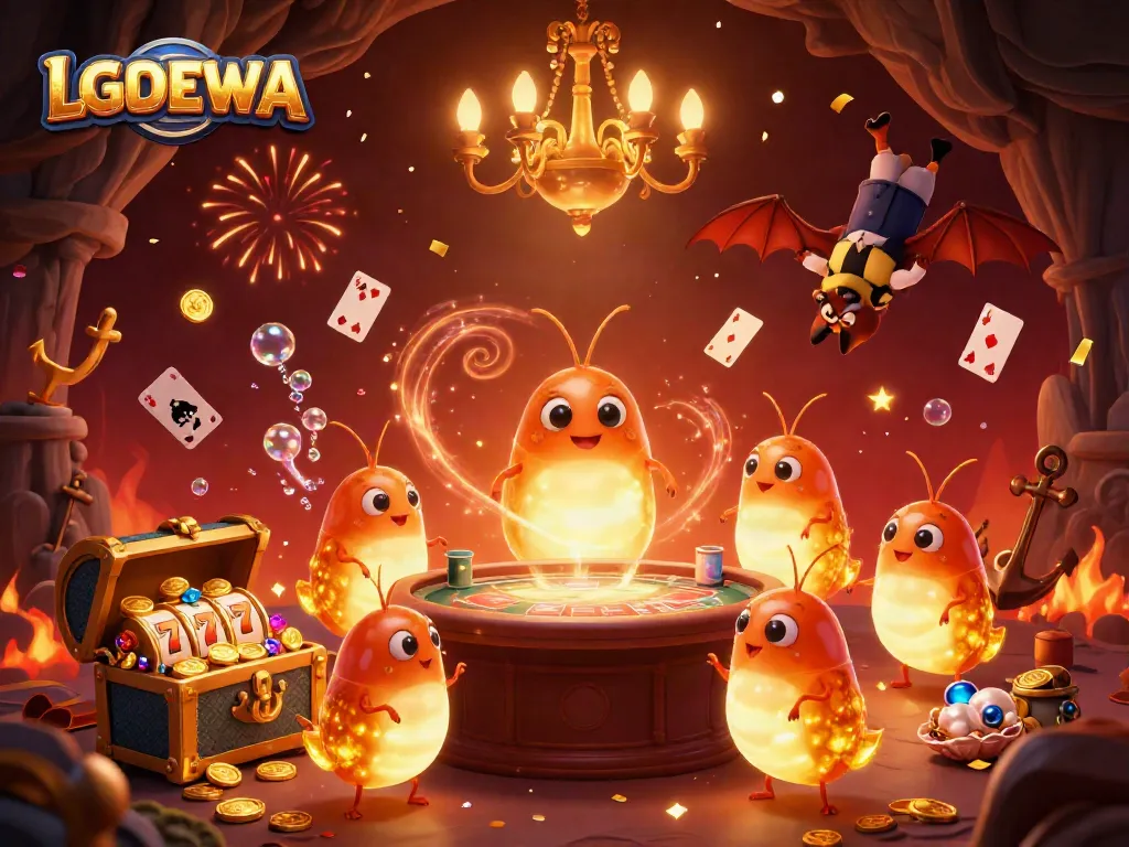 LGODEWA casino glowworms brighten up a cave scene filled with gold and vibrant symbols.