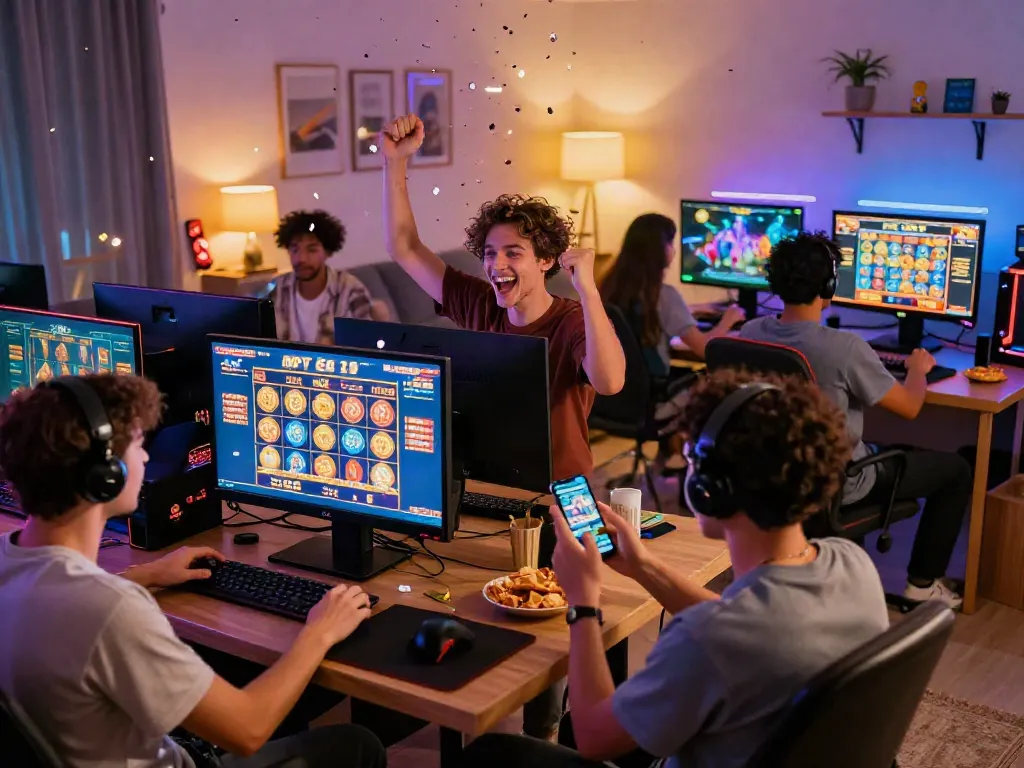 Players enjoying an exciting slot jackpot win in a cozy gaming environment with colorful screens and festive atmosphere.