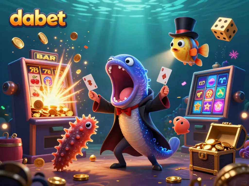 Experience thrilling dabet gaming action with a dynamic underwater casino illustration of card tricks and jackpots