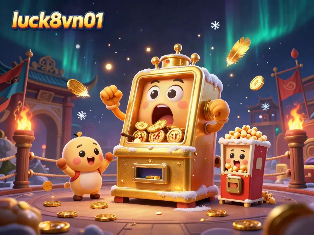 luck8vn01 showcases a thrilling jackpot moment with animated slot machines, surrounded by gambling elements and excitement.