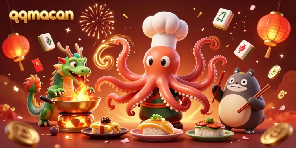 Watch the qqmacan characters delight in culinary excitement amidst glowing treasures and festive elements.