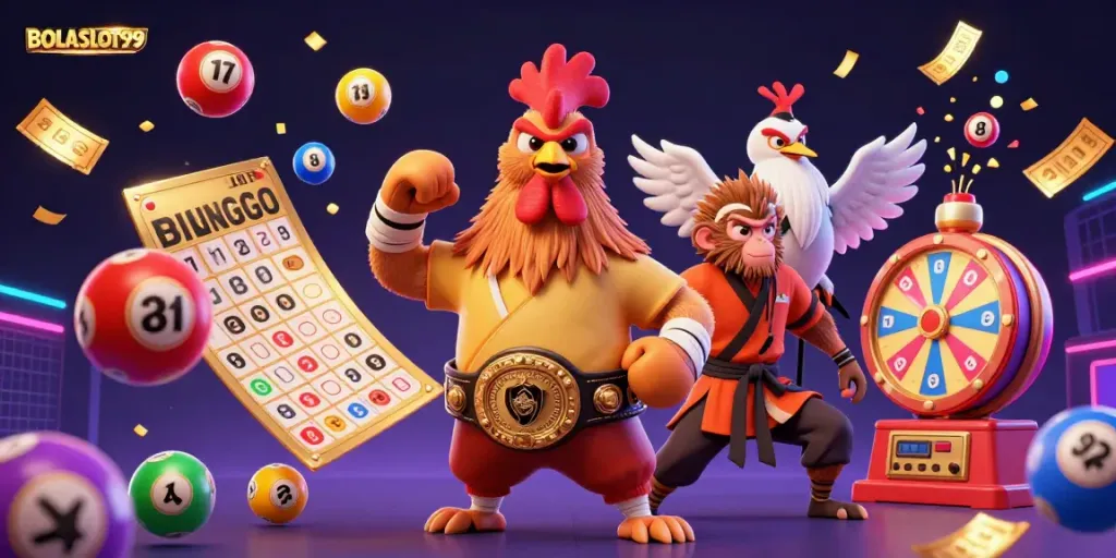 BOLASLOT99 showcases a vibrant 3D scene with colorful lottery elements and dynamic characters for exciting gaming.