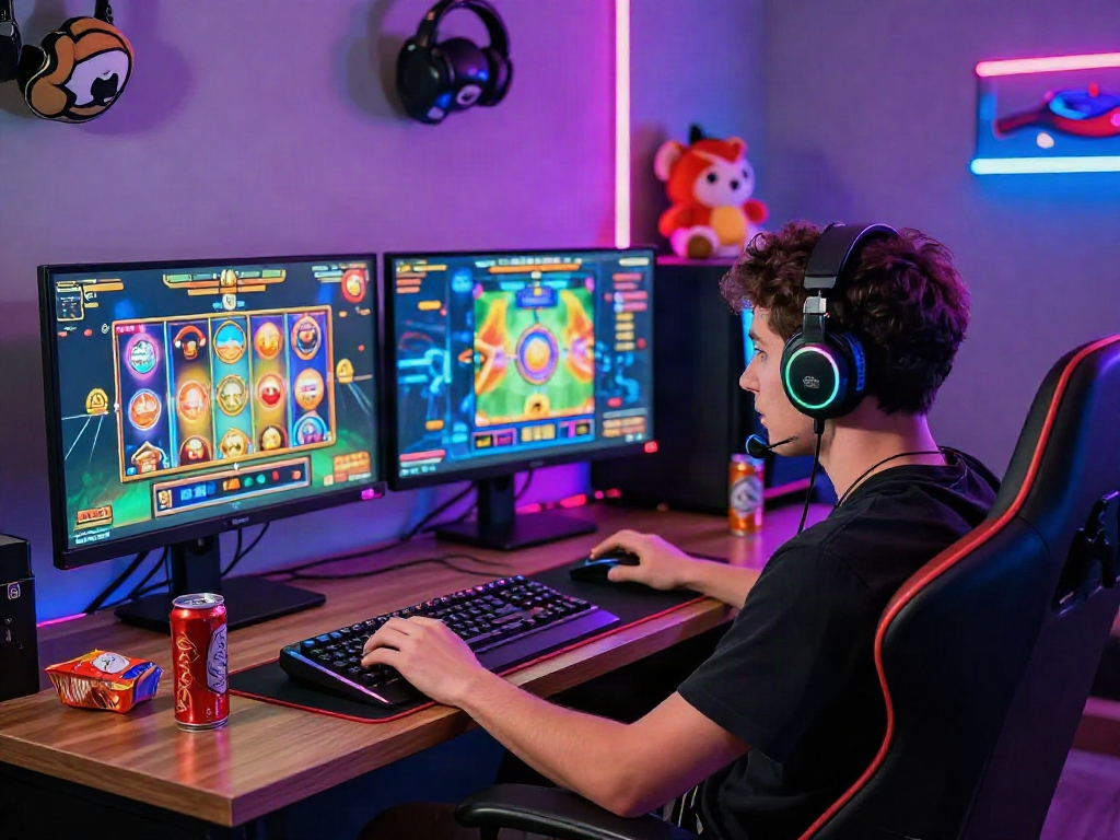 Dynamic gaming setup showcasing a player enjoying an exhilarating bandar slot experience.