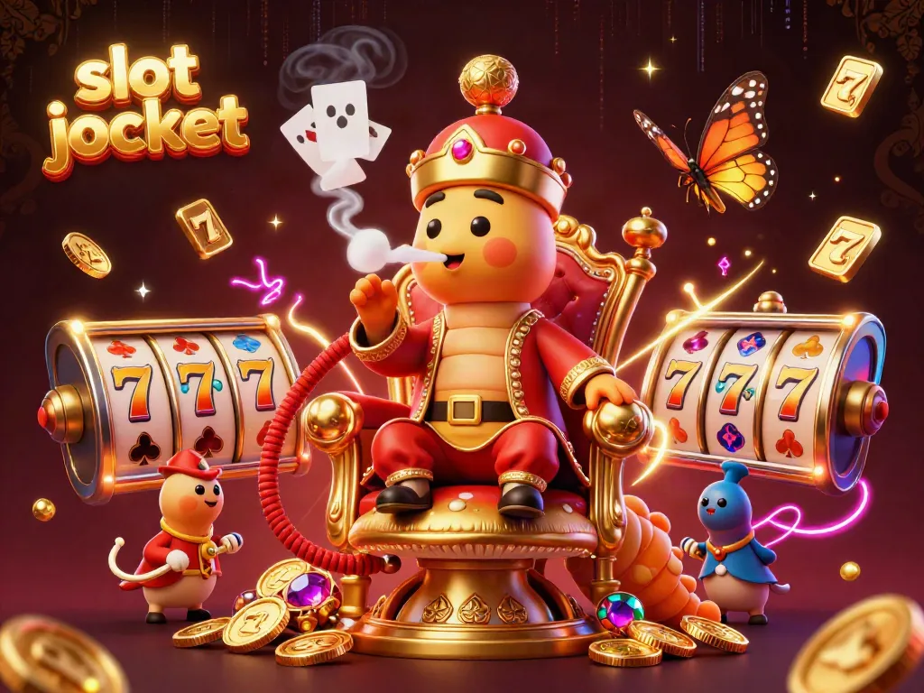 Engage with slot jackpot excitement as a cartoon sultan caterpillar rules a vibrant casino scene.