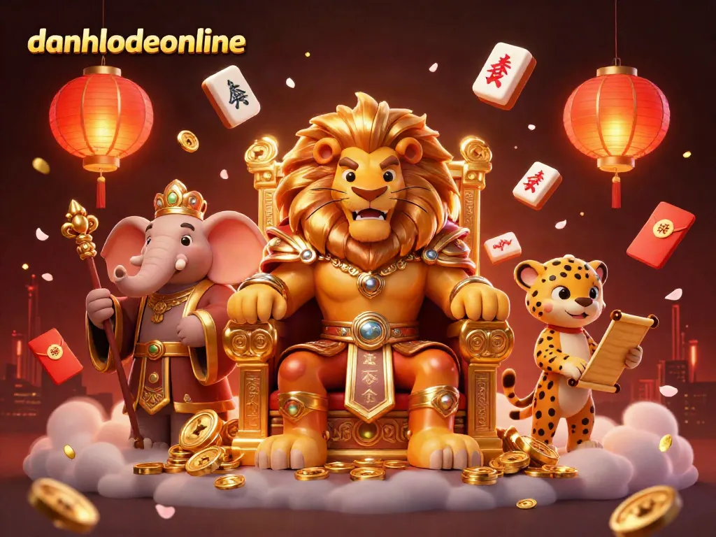 Engage in high-stakes gambling with danhlodeonline, featuring a regal lion king, wise elephant, and swift cheetah in a vibrant 3D casino.