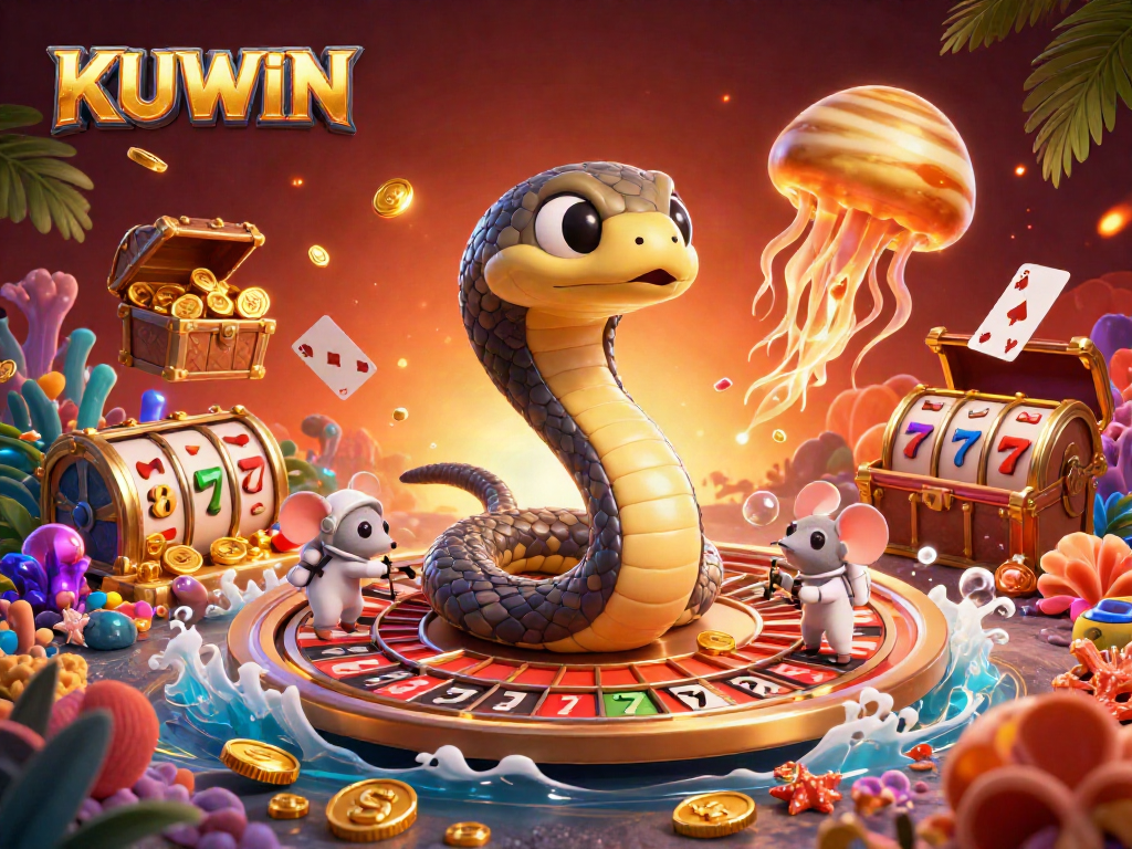Join the cosmic fun at KUWIN with astronaut mice betting on a roulette snake amid vibrant casino elements.