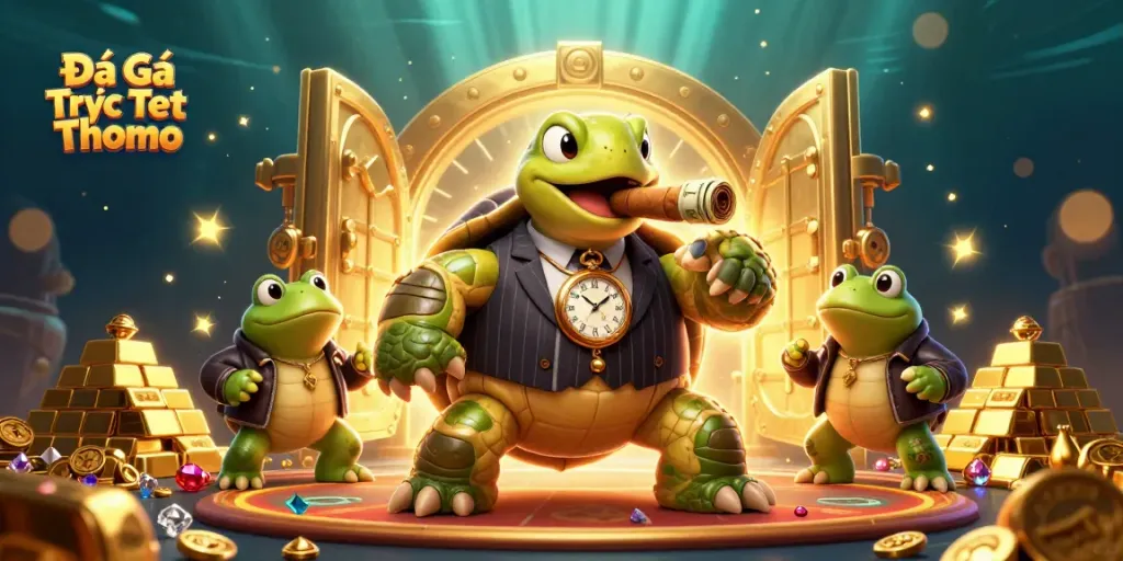 Bet on Đá Gà Trực Tiếp Thomo with a vibrant 3D cartoon-style illustration showcasing a casino scene.