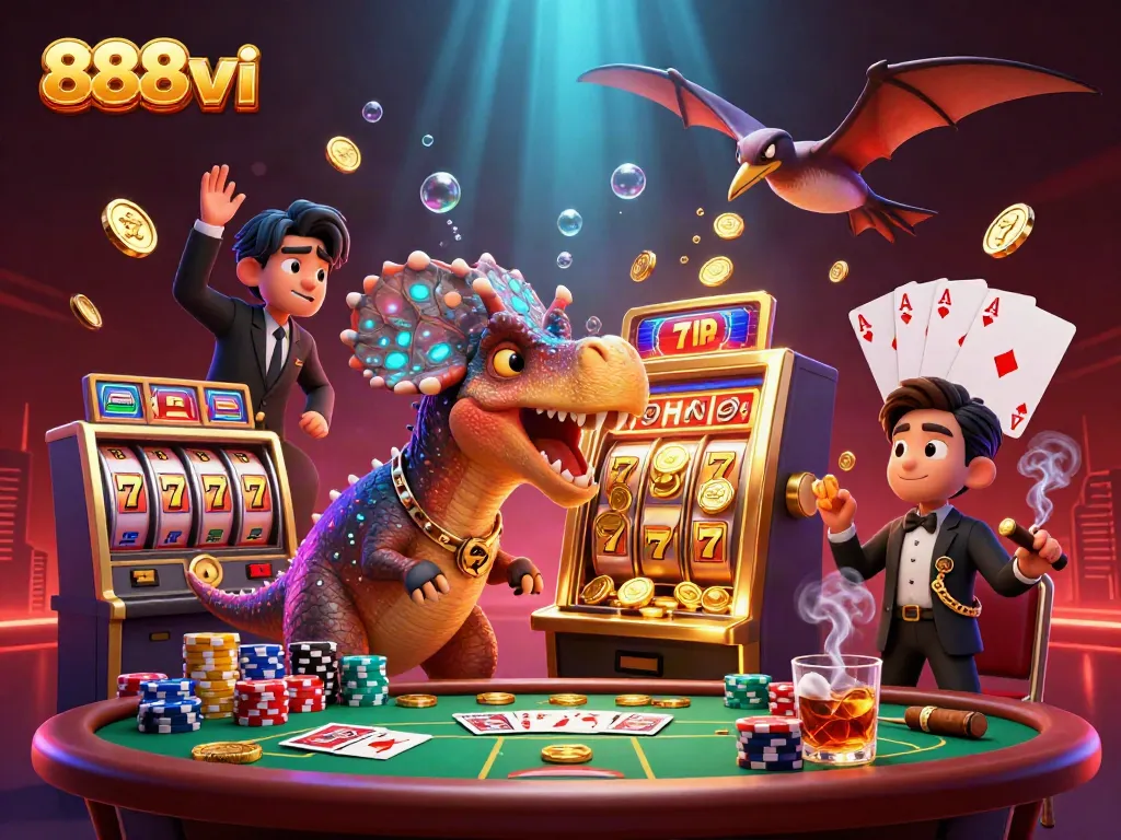 Experience the thrill of 888vi with a dinosaur jackpot scene featuring dynamic casino action.