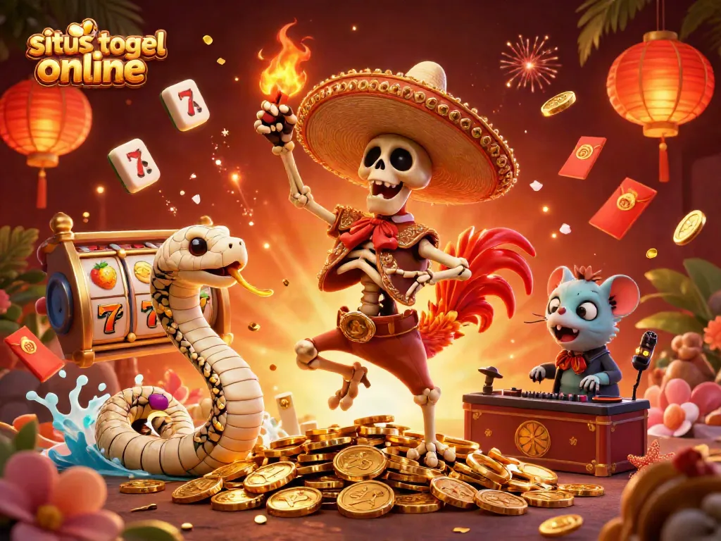 Mainkan situs togel online dengan karakter ceria yang dikelilingi koin emas dan elemen slot untuk keseruan!
