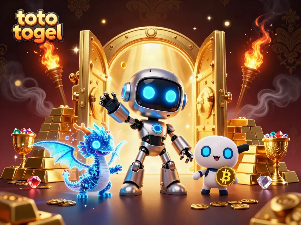 Ilustrasi kasino 3D dengan berbagai elemen, menyoroti toto togel di bagian depan bersama robot dan naga holografik.