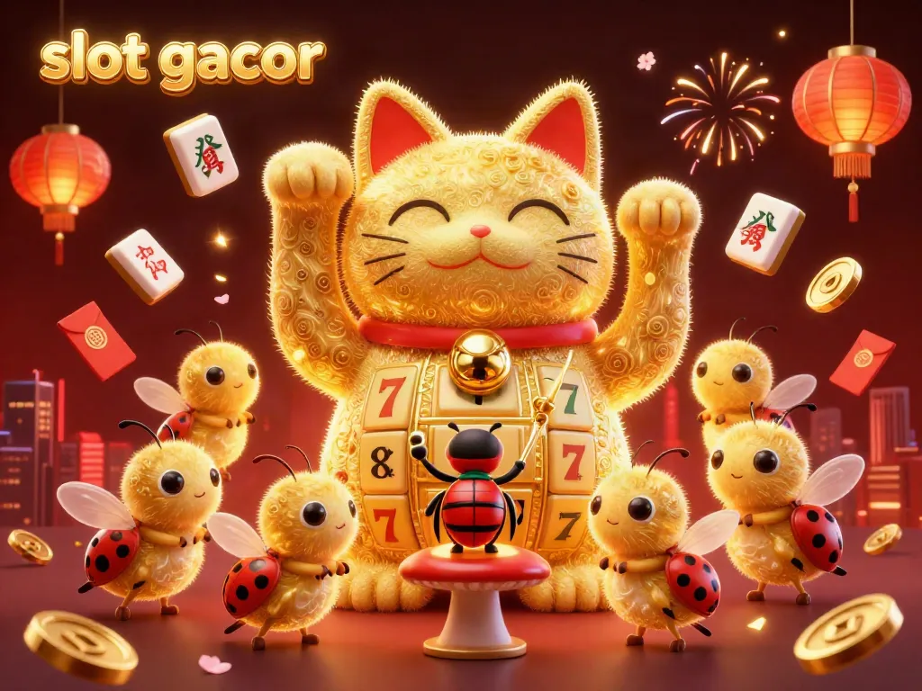 Catch slot gacor excitement with a vibrant 3D illustration of a giant lucky cat and dynamic casino symbols.