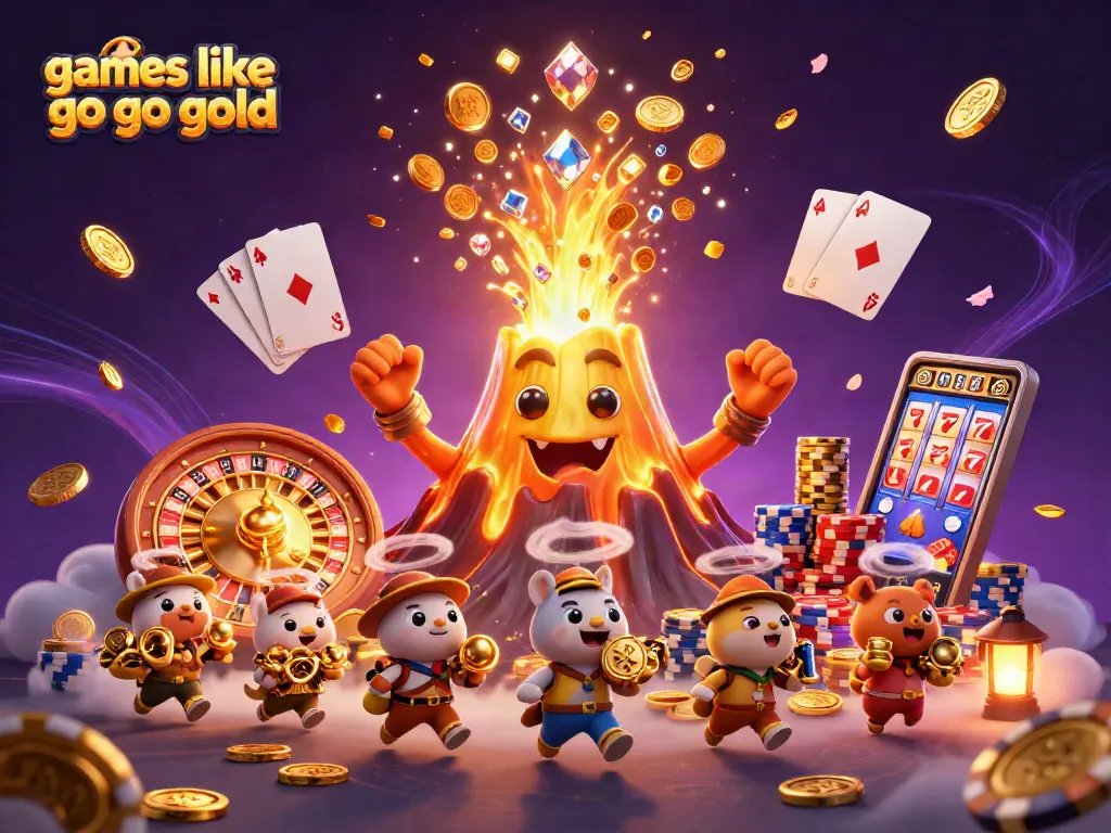 Engage in games like Go Go Gold with this vibrant, dynamic casino-themed illustration showcasing treasures and excitement.