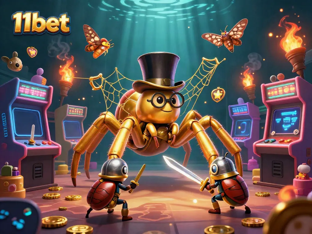 Engage with thrilling moments at 11bet, illustrated by a golden tarantula and beetle knight in a vibrant casino scene.