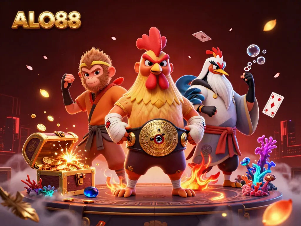 Experience exciting action at ALO88 with a dynamic scene featuring a Muay Thai rooster, a Shaolin monkey, and a wise crane master.