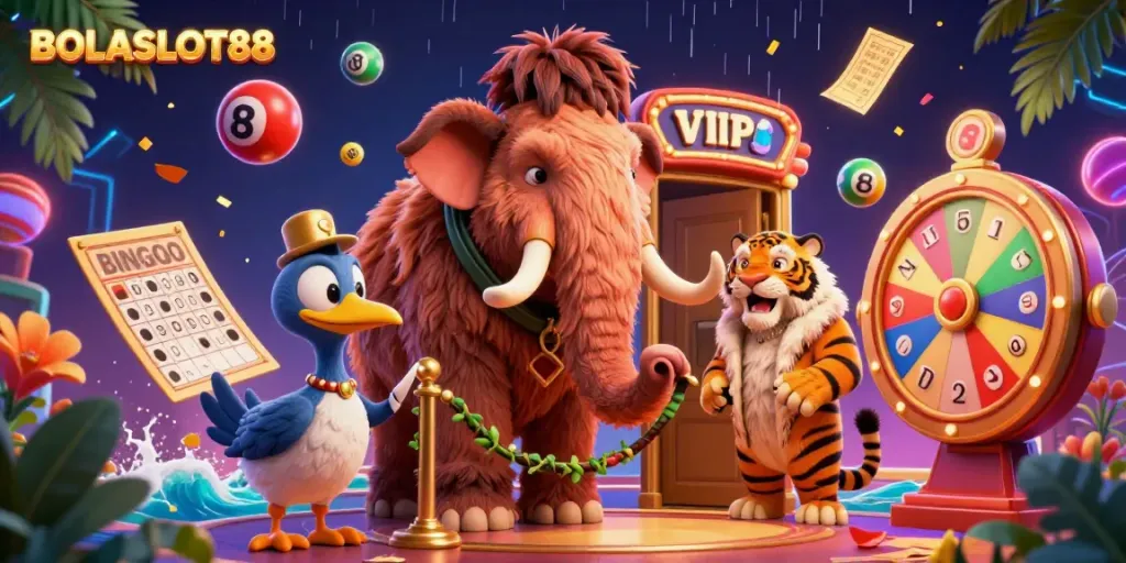 BOLASLOT88 showcases a vibrant casino scene with a woolly mammoth bouncer, saber-tooth tiger VIP, and dodo bird doorman surrounded by fun gaming elements.