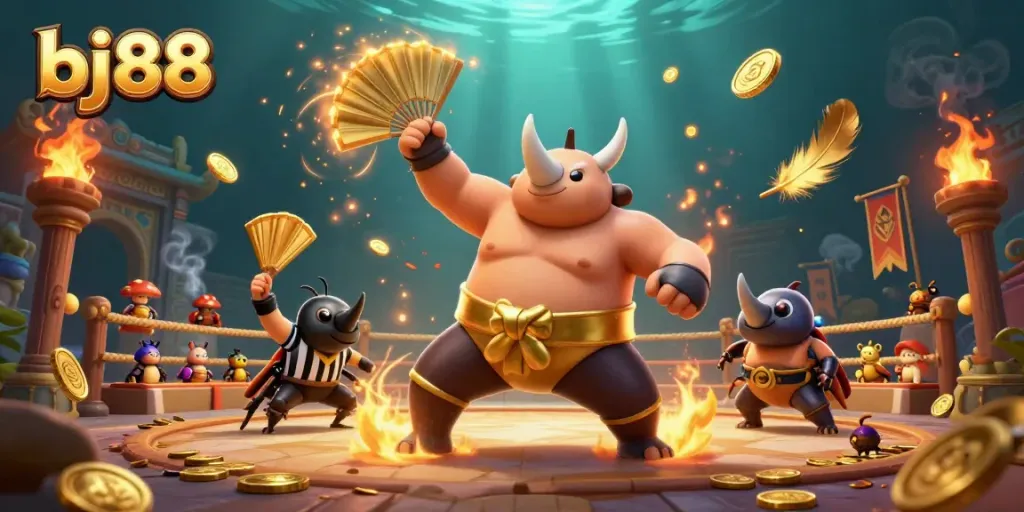 BJ88 brings an electrifying gaming atmosphere with coin-stomping beetle champions and charming cricket referees in this vibrant 3D scene.