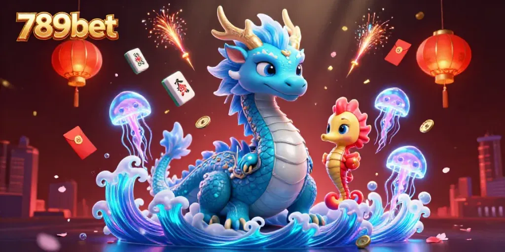 Experience 789bet with a vibrant 3D illustration of a dragon, knight, and jellyfish amid casino elements.