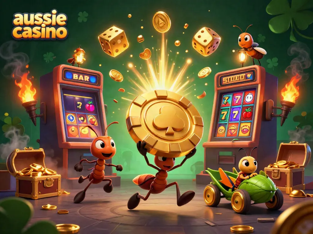 Aussie casino themed heist scene with cartoon ants, golden chips, and vibrant slot machine graphics