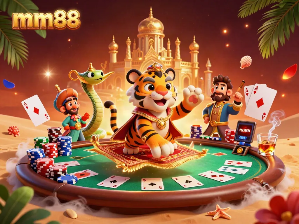 Experience the thrill of mm88 with a vibrant 3D illustration featuring a tiger sultan on a poker-themed flying carpet.
