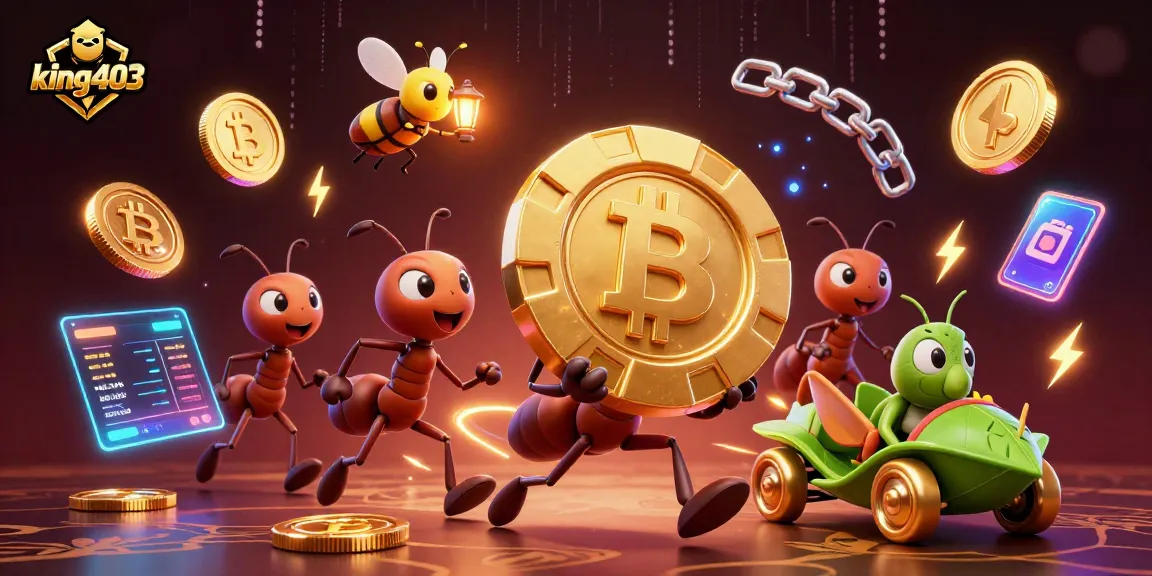 King403 ants run a heist for poker chips amidst glowing neon crypto elements.