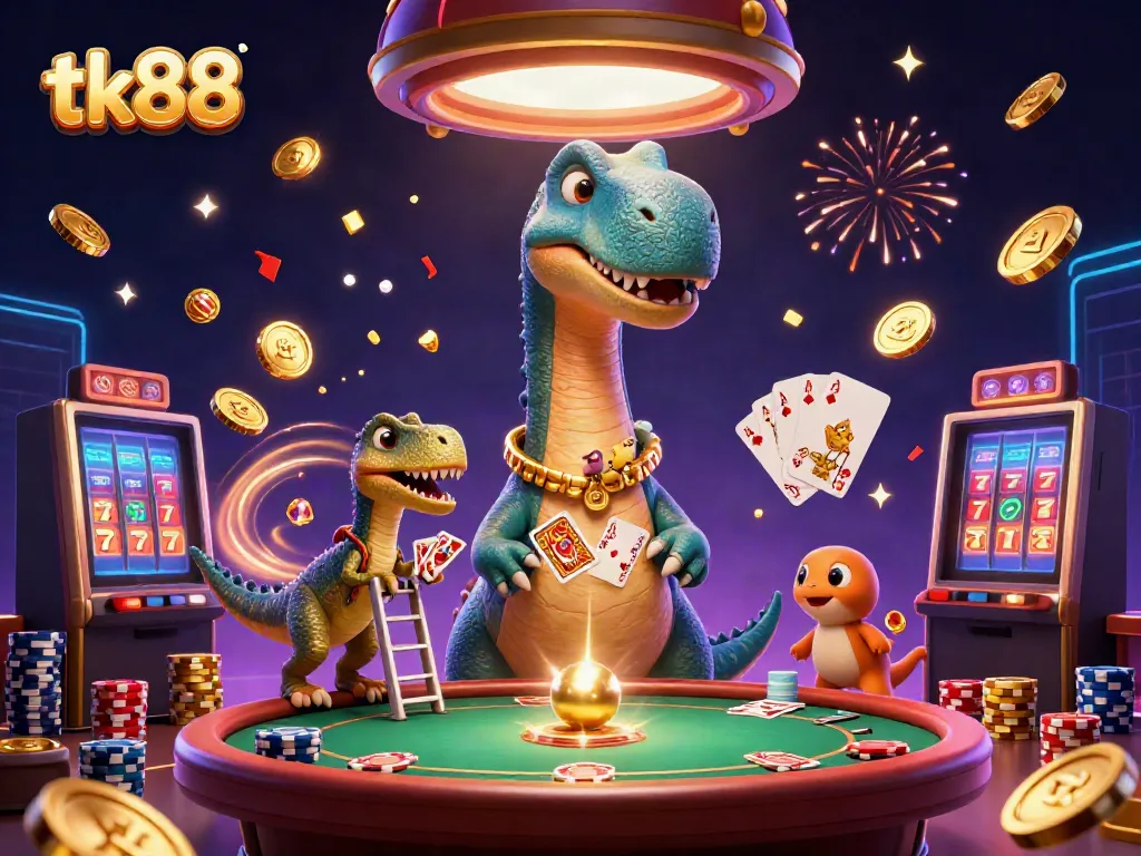 Experience the vibrant gaming world of tk88 with cascading coins and energetic characters in a thrilling casino atmosphere.