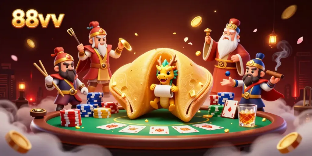 Win big at 88vv with an energetic casino scene featuring a golden fortune cookie and poker elements.