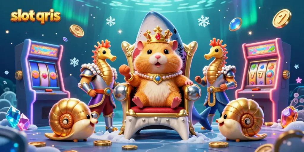 Experience slot qris with the vibrant scene of a hamster king ruling amidst arcade machines and lucky symbols.