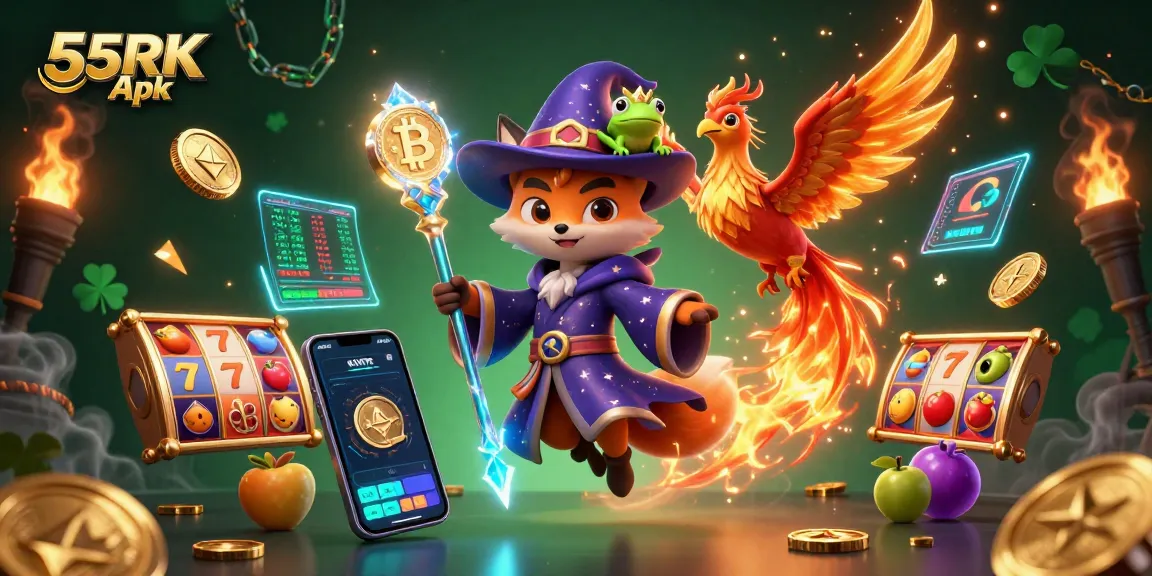 Engage with the thrilling 55RK Apk casino experience featuring vibrant characters and crypto elements.