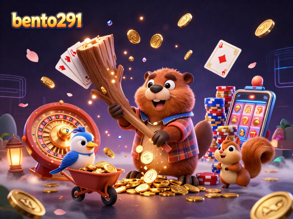 Bento291 showcases a lively 3D casino scene with cartoon characters and gold coins raining down.