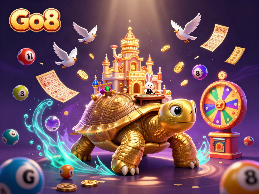 The Go8 casino scene comes alive with a giant tortoise, a rabbit dealer, flying coins, and vibrant gambling elements.