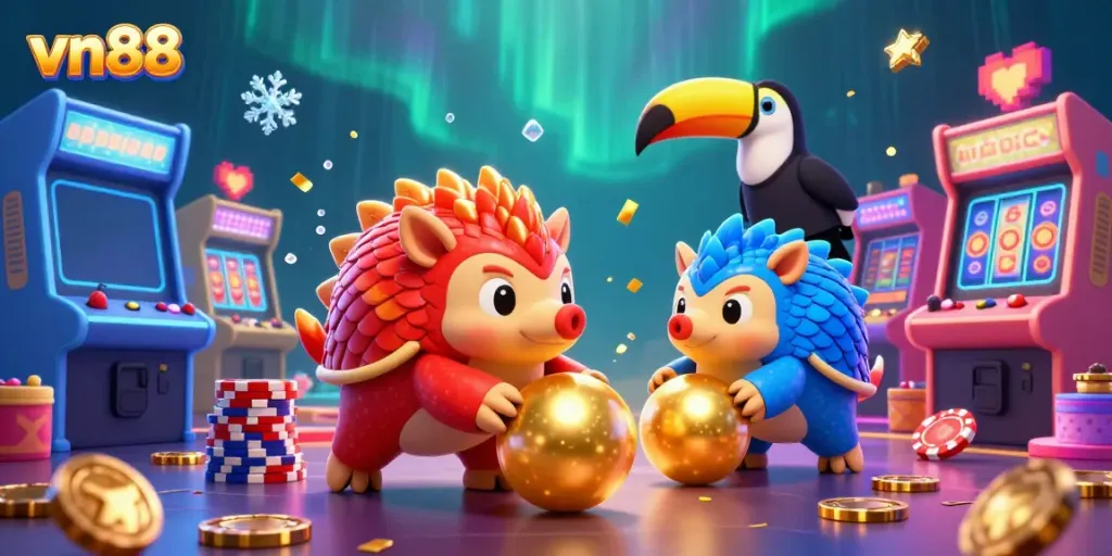 Experience exciting gambling with vn88 in a vibrant casino-themed 3D scene featuring rival pangolins.