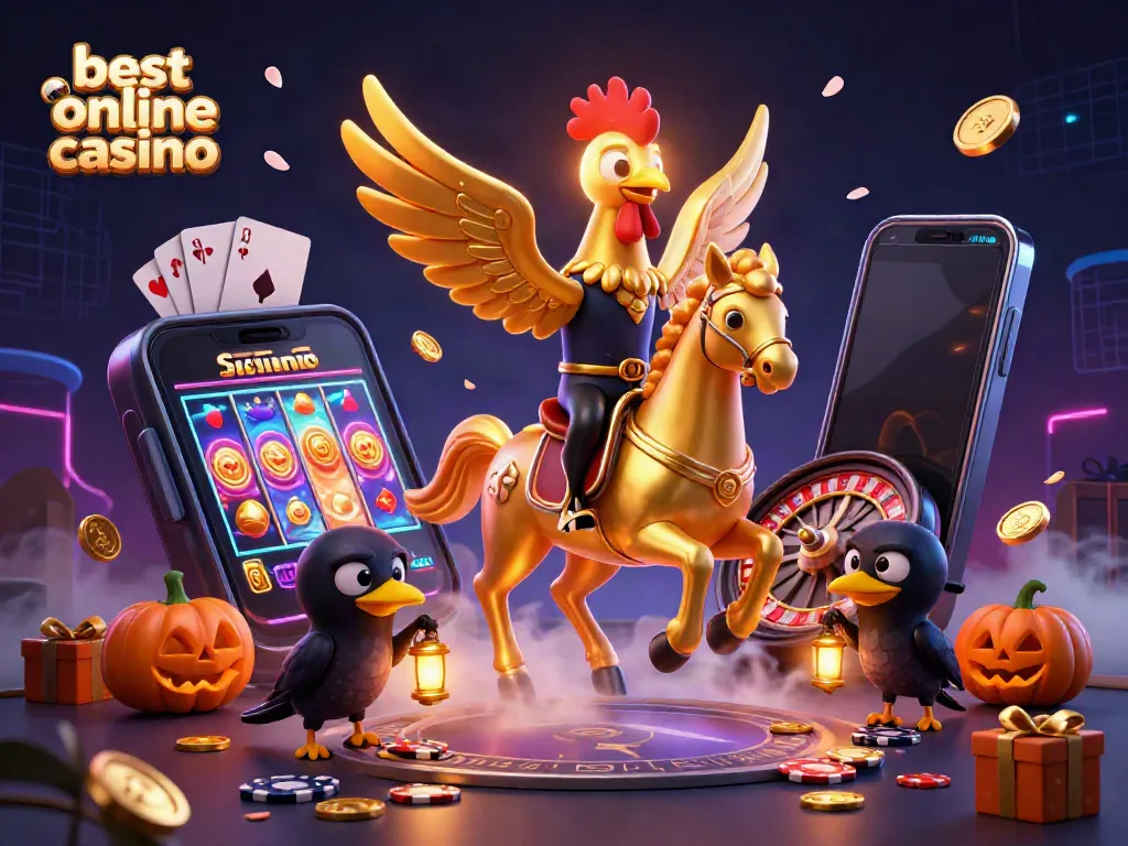 Experience the thrill of the best online casino with a captivating 3D illustration of a golden rooster and casino elements.