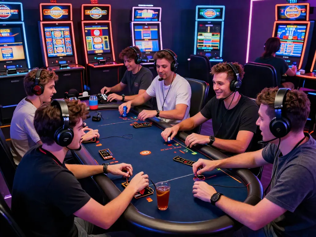 A vibrant online gaming scene showcasing akunjp casino action with players engaged on multiple screens.